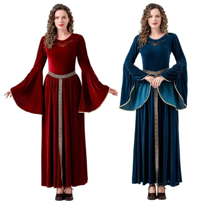 Mittelalter liches Kleid für Frauen Renaissance Vintage Hof Königin Kostüm lange Ärmel Faire Kleid weiblich blau rot