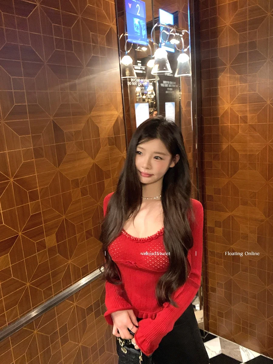 

Женский вязаный кардиган CloudSweet Cry с высокой талией, кружевной вышивкой, шерстяной основой, приталенный, с длинными рукавами, стандартной длины