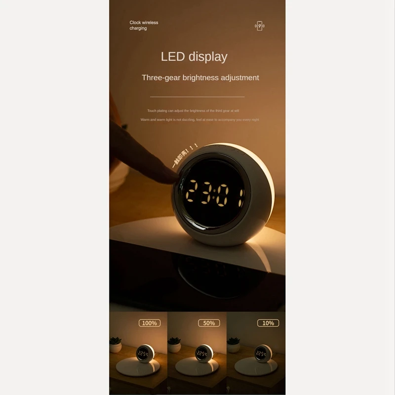 Jam Alarm nirkabel isi daya cepat, ornamen Desktop jam Alarm lampu malam berputar 3 dalam 1
