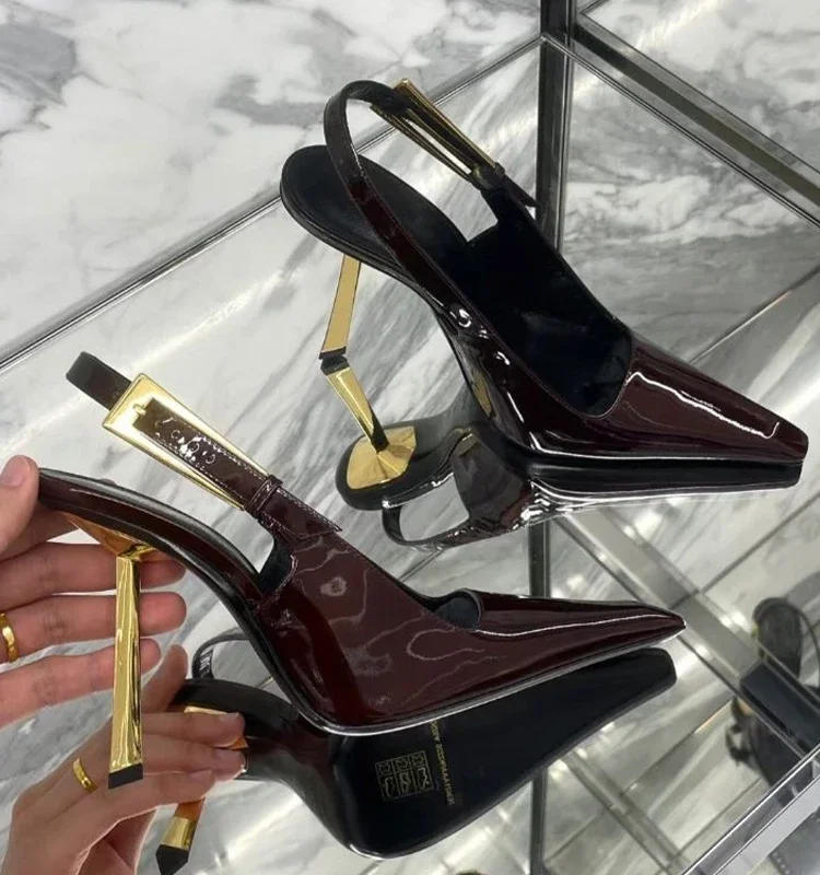 

Black runway high heels, European and American new sexy square toe thin heel metal buckle patent leather wrapped sandals