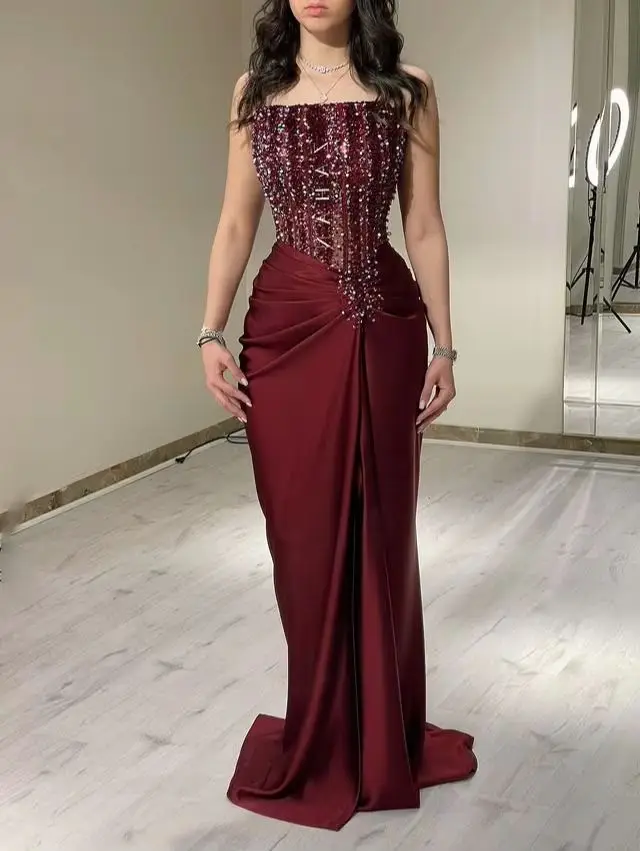 Strapless Evening Dress Sweep Floor Wedding Dresses Sleeveless Prom Dress Sequins Beadings Long Sleeves Party Gown Customized