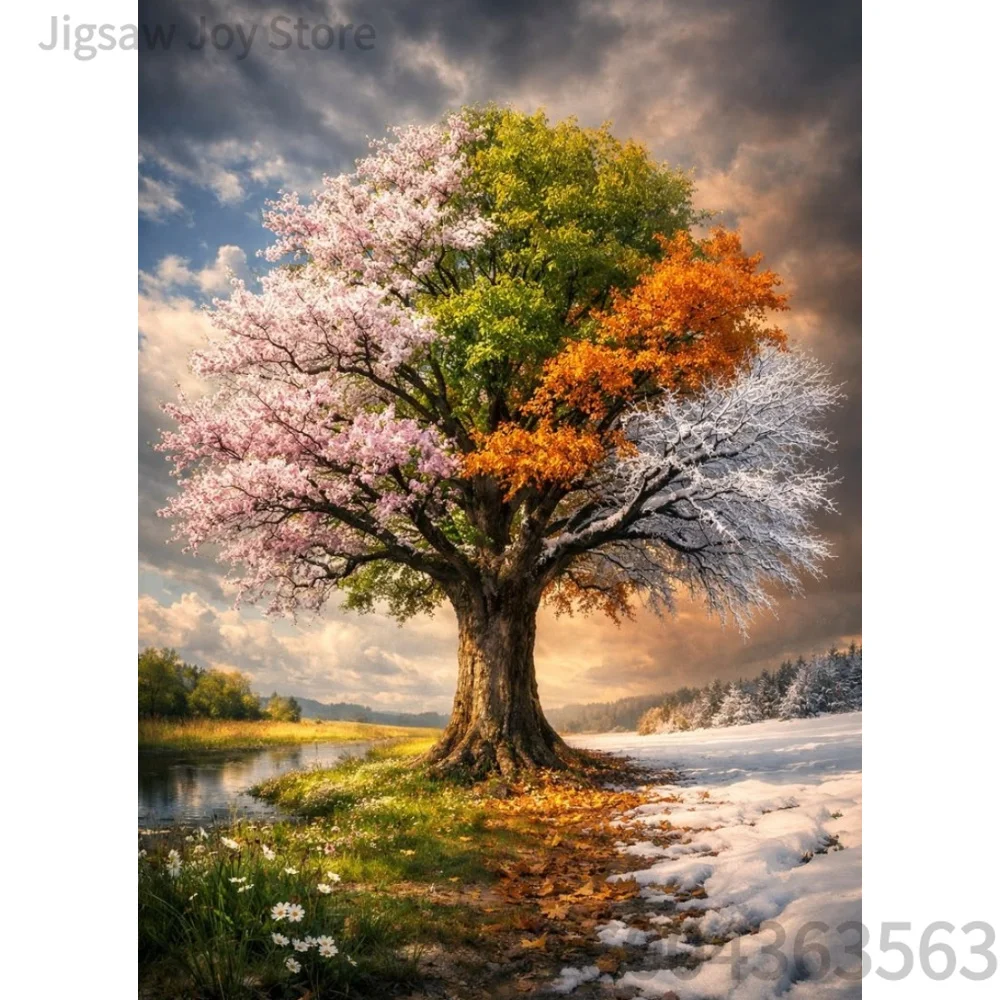 Decor Art Jigsaw Puzzle, Season Changing Tree, Glowing Gold Bonsai, Fantasy Light Tree, Four Panel Season Tree, 500-2000Pcs