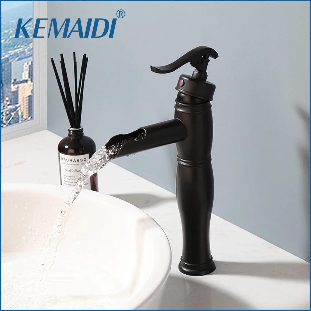 

KEMAIDI Bathroom Basin Sink Faucet Waterfall Hot Cold Mixer Tap Single Handle Basin Faucets Deck Mounted Tap Black/Antique Brass