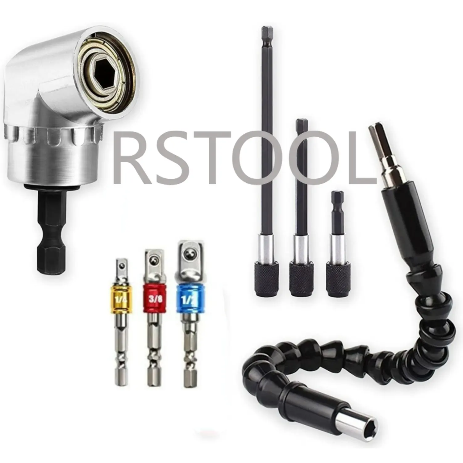 1/4 3/8 1/2" Universal Socket Adapter Set 105 Degree Right Angle Drill Adapter 3pcs Screwdriver Bit Set 3pcs Drill Bit Holder