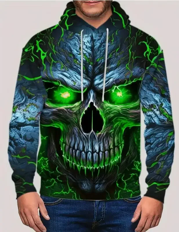 

Men's 3D evil skull print hoodie, cool hoodie, casual hooded sweatshirt, kangaroo pocket, street clothing