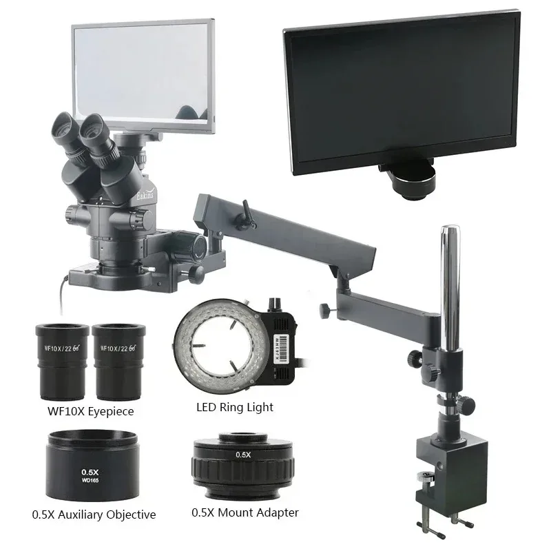 

3.5-45X Simul-Focus Trinocular Stereo Microscope 1080P Measurement Camera Integrated 11.6" Display Clampable Hinge Bracket