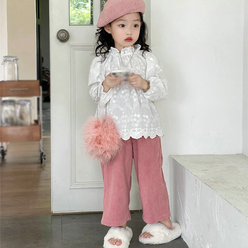 Children\'s Spring And Autumn Kids Girls Lace White Blouse Bubble Sleeve Doll Shirt Pants 2 Pieces Girls Loose Cotton Shirts 2-9Y