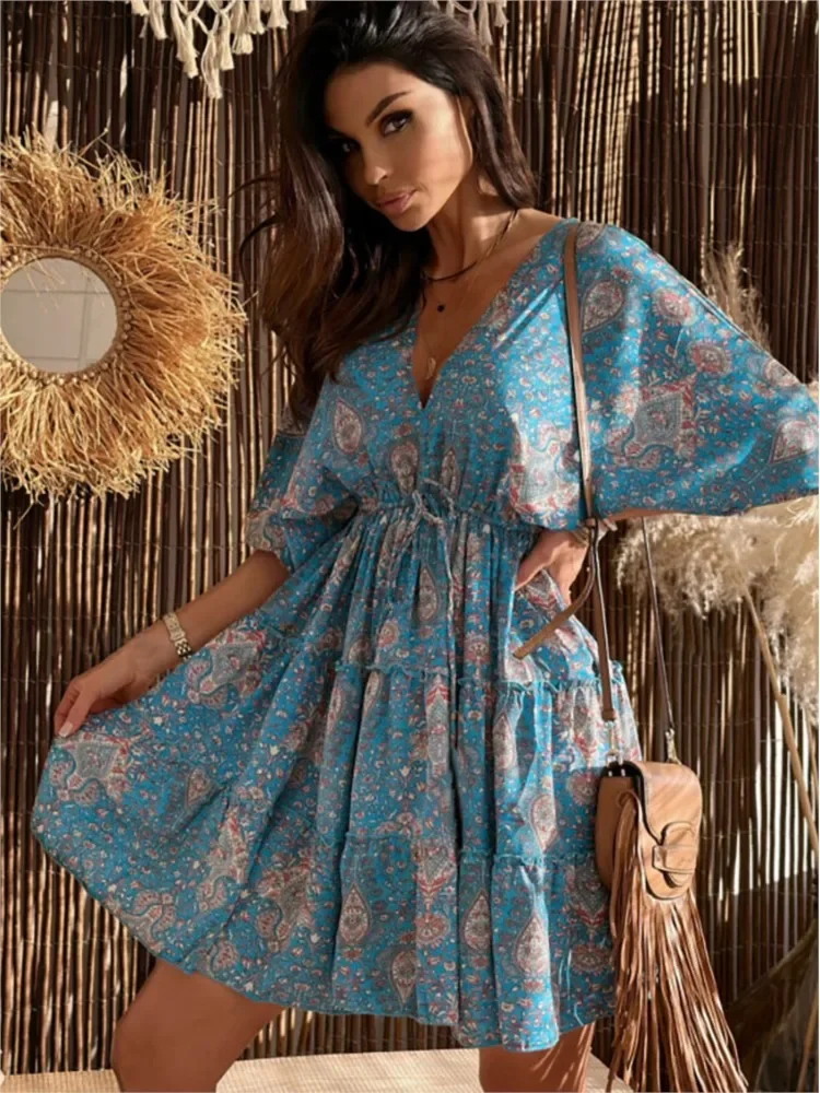 Dames Print Jurk Nieuwe Lente Zomer Mode V-Hals Halve Mouw Losse Jurken Casual Elegante Strand Feestjurk Voor Vrouwen Gewaad