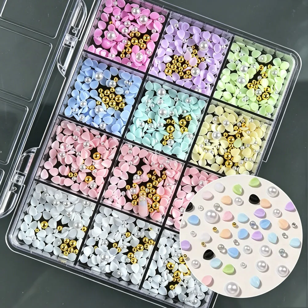 12grid 3D Macaron Flower Petals Nail Art Charms with Gold & White Pearl Beads White Pink Blue Green Blue Flowers Nail Decoration