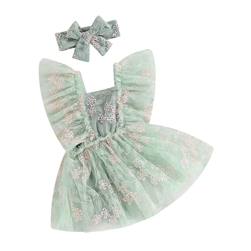 Listenwind Baby Girls Summer Princess Dresses Green Flying Sleeve Floral Embroidery Tulle Dresses with Headband For 3-24 Months