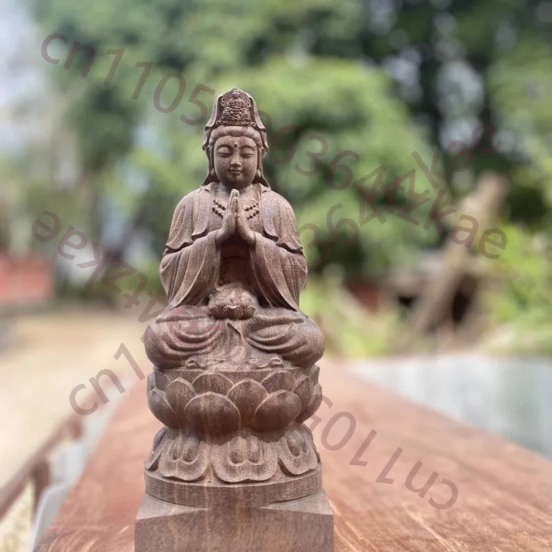 

Резная статуэтка Гуаньинь (Бодхисаттвы) из темного дерева с подставкой в виде лотоса - Декоративный предмет для дома, символ молитвы и духовности