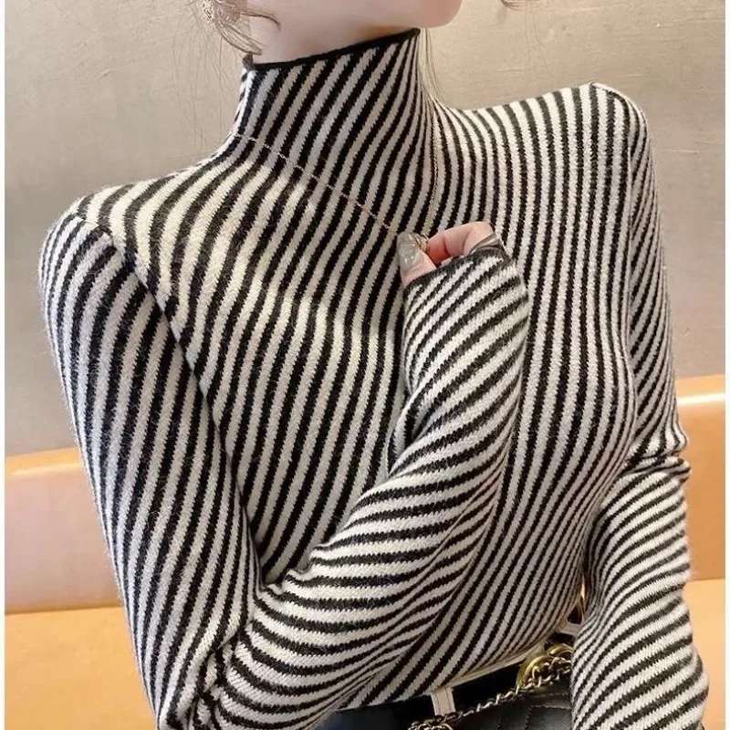 

Women's Autumn Winter with Slanted Stripe Pullover Half High Collar Fashionable Slim Fitting Knitted Long Sleeved Sweaters Z289