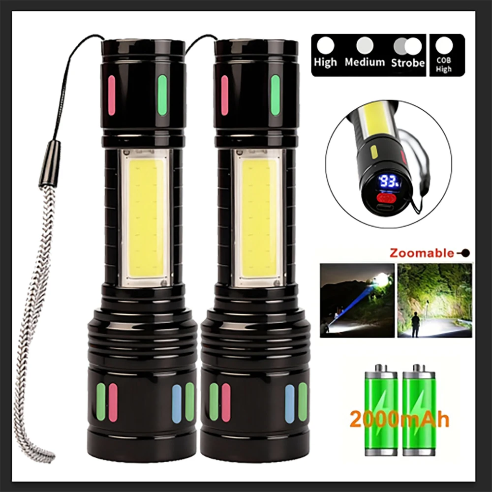 2PCS Powerful LED Flashlight Portable Zoomable Tactical Torch Waterproof Outdoor Hiking Emergency Fishing Camping Flashlights