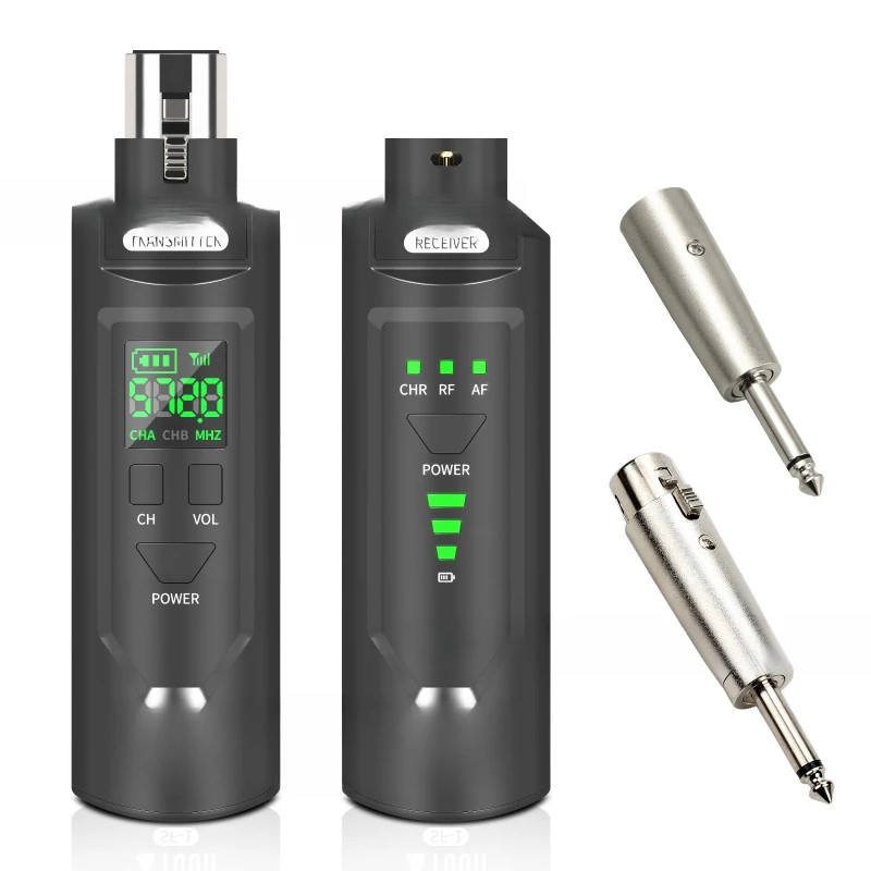 

Wired microphone to wireless receiver can be used for dynamic/condenser microphone/guitar