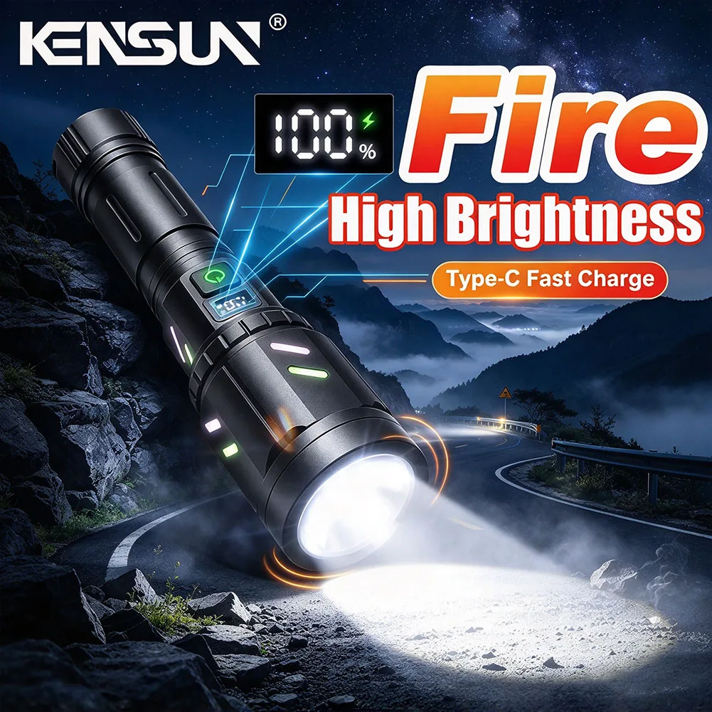 High Power White Light LED Flashlight 26650 Battery Type-C Strong Light Tactical Torch Outdoor Camping with Ignition Lens