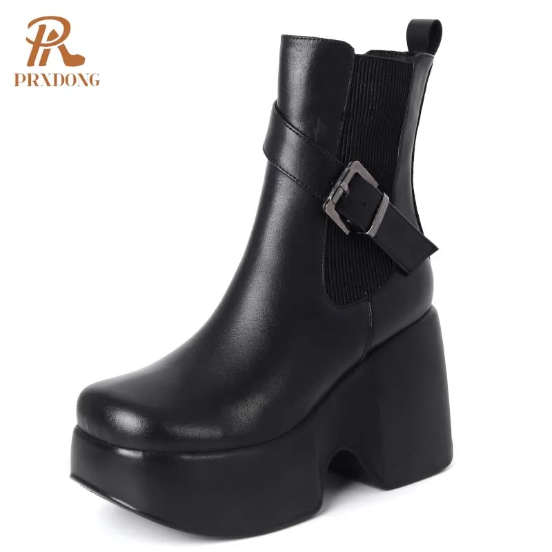 

PRXDONG 2024 New Women Shoes Fashion Genuine Leather Chunky High Heels Platform Black White Dress Party Casual Ankle Boots 34-39