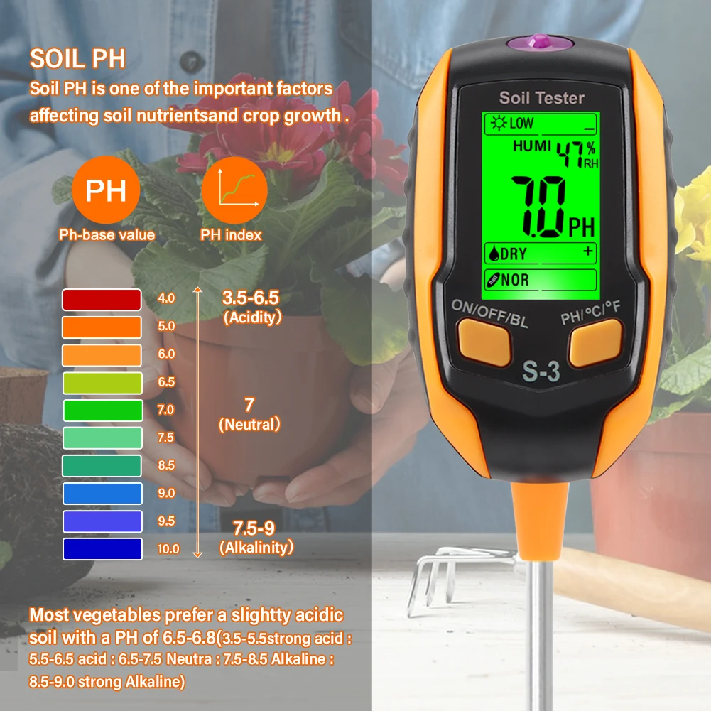 Yieryi 6 IN 1 Soil PH Meter Farm Garden Soil Humidity Salinity TEMP Tester lllumination Ambient Humidity Test Detector Monitor