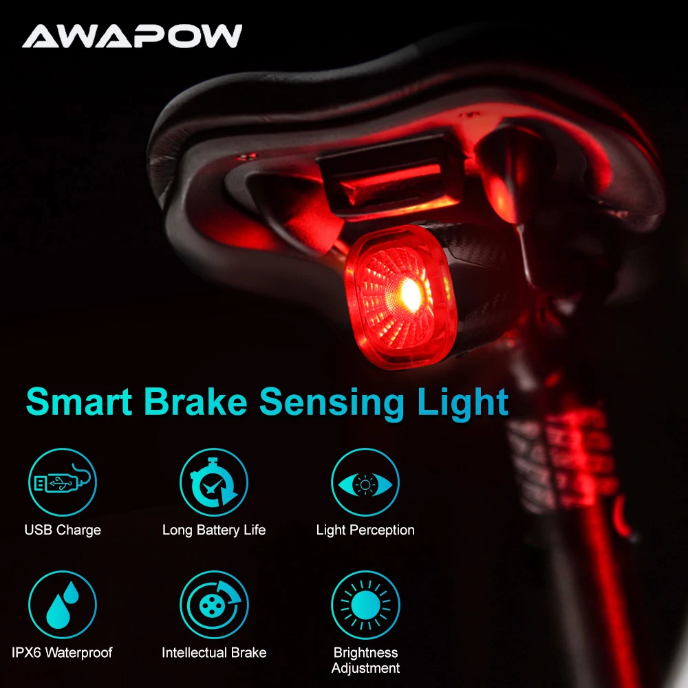 Awapow Bicycle Tail Light Smart Brake Sensor Light USB Charging Mountain Bike Warning Night 5 Flash Modes Riding Taillight