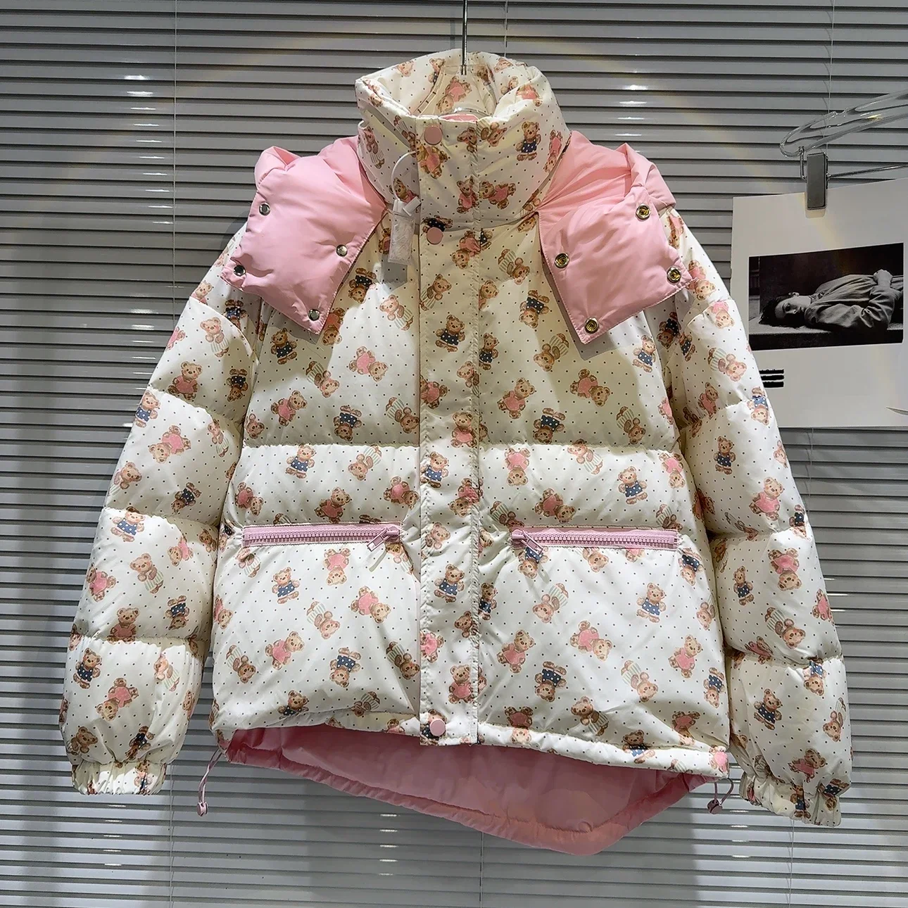 Warm Cartoon Bear Floral Printed Puffer Jacket Female Student 2024 Winter New Cute Loose Hooded Down Coat Chaquetas Para Mujer