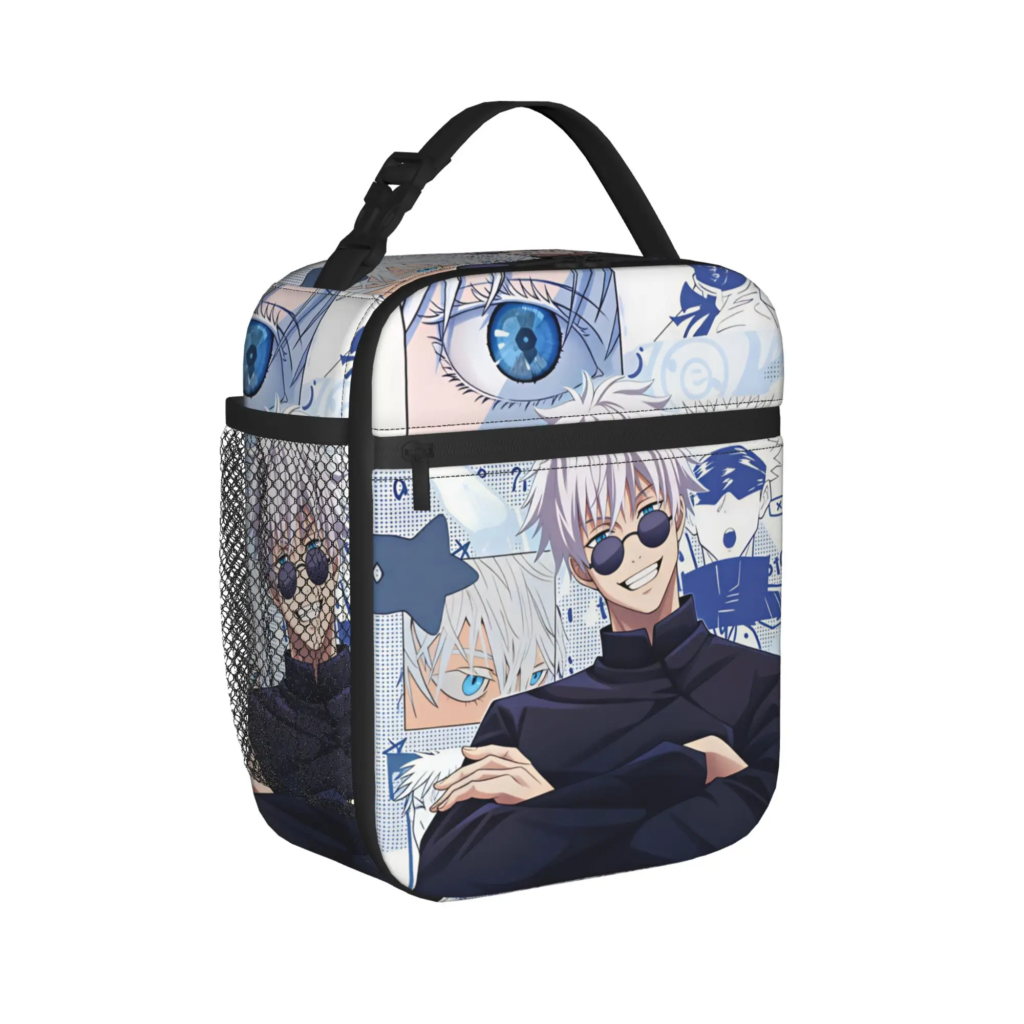 Satoru Gojo Comic Animation Lunch Bag  Retro Lunch Box Office Portable Thermal Tote Handbags For Child Oxford Print Cooler Bag