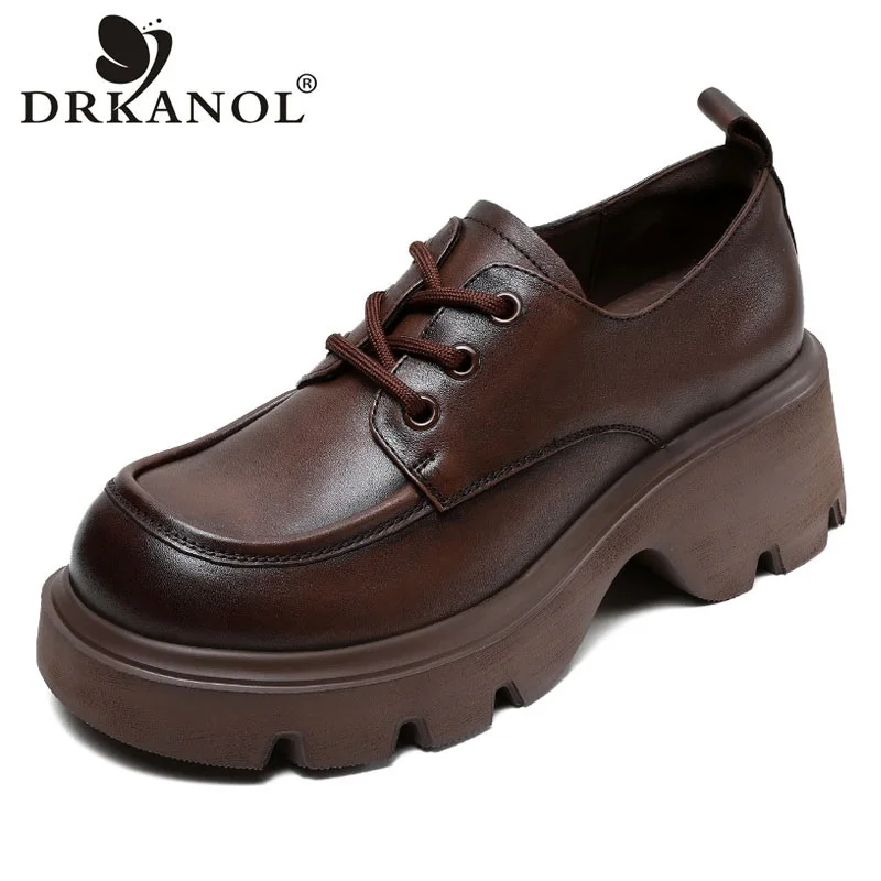 DRKANOL 2024 British Style Pumps Women Thick High Heel Chunky Platform Casual Shoes Luxury Design Handmade Retro Lace-Up Shoes