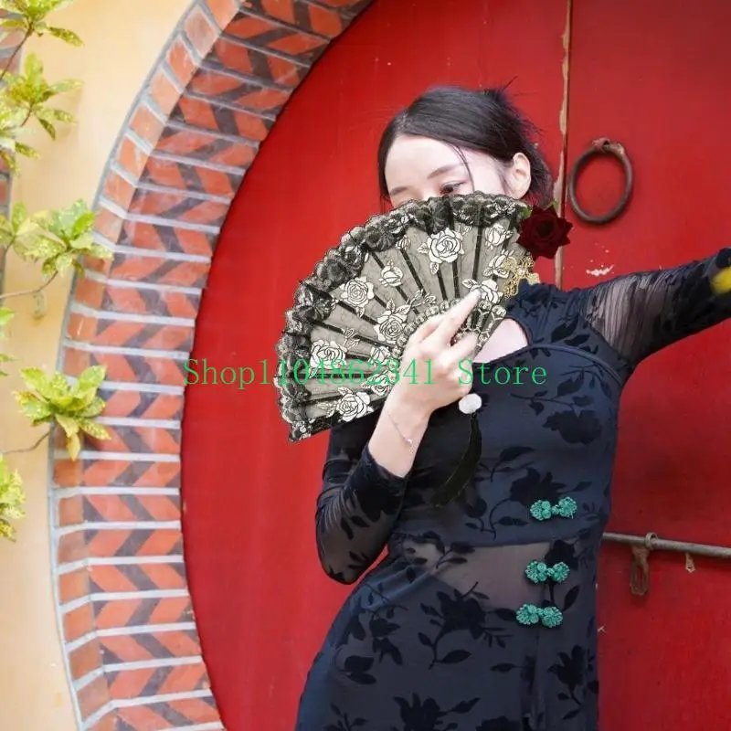 5asd quạt retro với tassels ren quạt đám cưới người hâm mộ gập tay cho bữa tiệc khiêu vũ