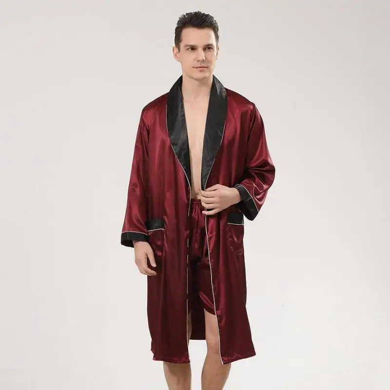 Men Lapel Robe&Shorts Long Sleeve 2PCS Sleepwear Spring Summer Sleep Set Casual Nightgown Male Robe Set Home Dressing Gown