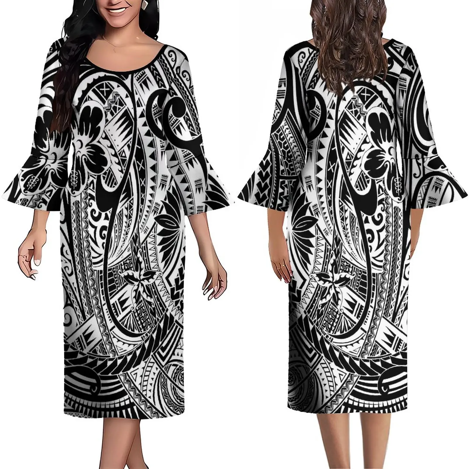 

2023 New Design Summer Long Sleeve High Quality Fabric Slim-Fit Maxi Dress Custom Polynesian Art Print Wholesale Women's Wear