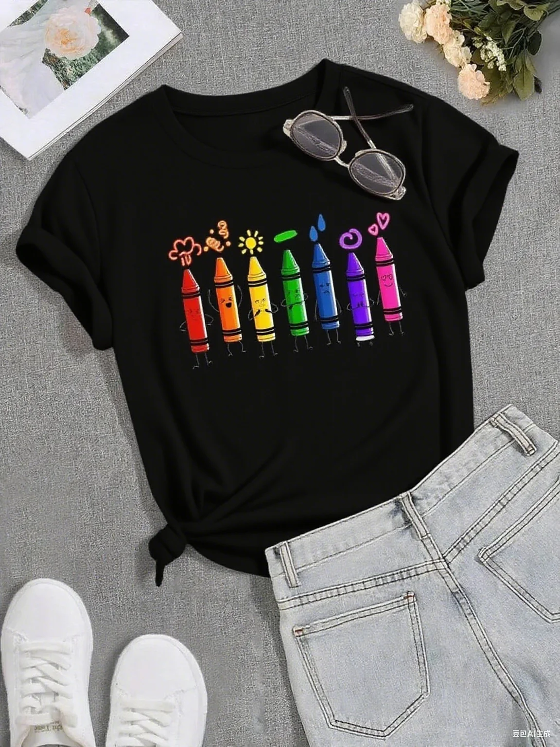 

Повседневный топ из чистого хлопка с короткими рукавами, красочный карандашный принт, химерный стиль, отлично подходит для стояния в модном стиле, игривые наряды