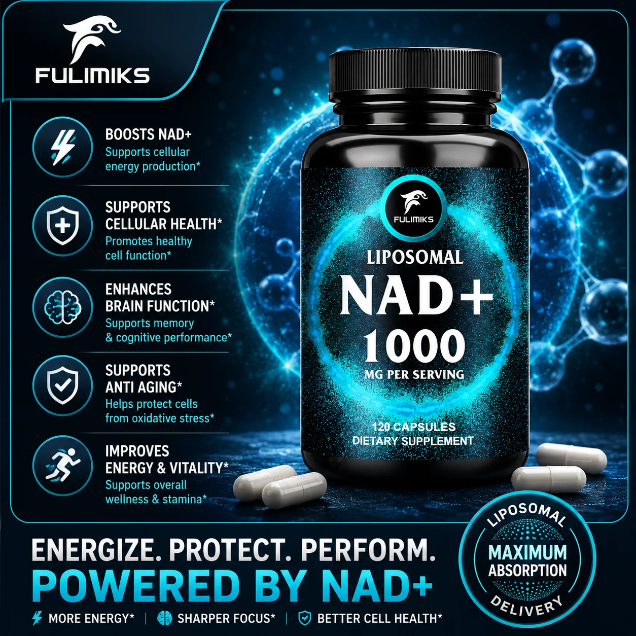 FULIMIKS NAD Supplements, with Resveratrol, NAD+1000mg, Support Daily Energy, Brain Health, Skin