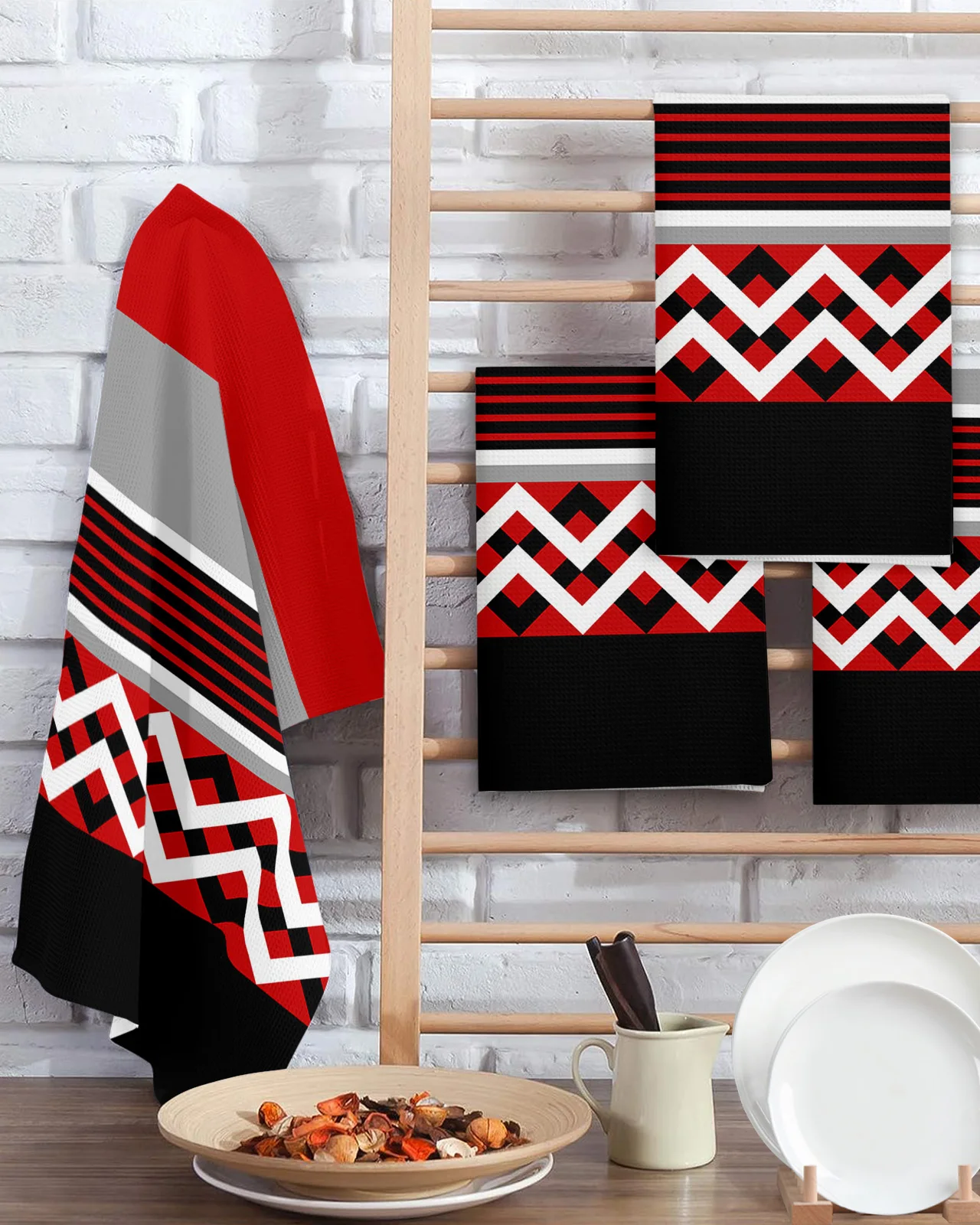 Red Black Gray Striped Geometric Lines 40*60cm Tea Towels Absorption Walf Checks Kitchen Cleaning Towel Cloth Napkins Dish Rags