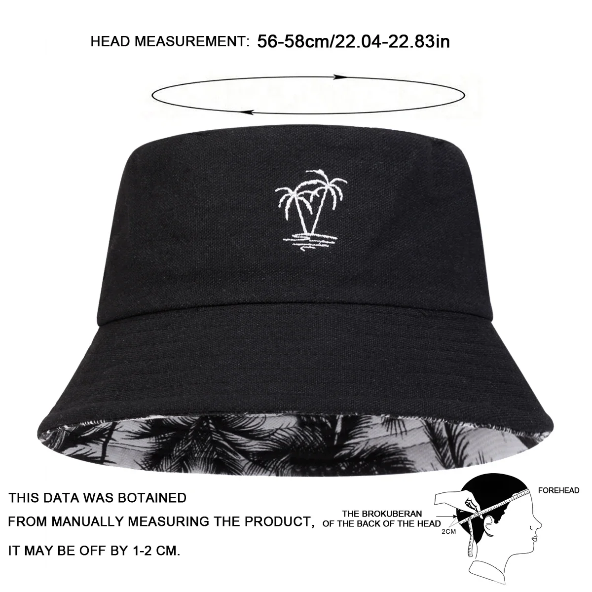 Unisex Coconut Tree Embroidery Double Sided Wearing Bucket Hats Fishermen Caps Outdoor Casual Cap Sunscreen Hat