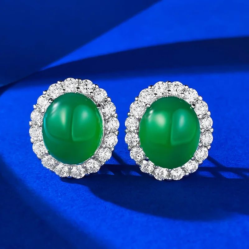 Live Streaming New 925 Silver Inlaid 10 * 12 Green Chalcedony Earrings, Rich Woman Style Luxury Inlaid Classic Earrings