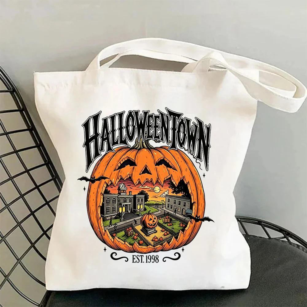 Retro Halloween Town Canvas Tote Bag Pumpkin Witch Magic Book Moon Bat Print Large Capacity Women Men Teen Shopping Shoulder Bag