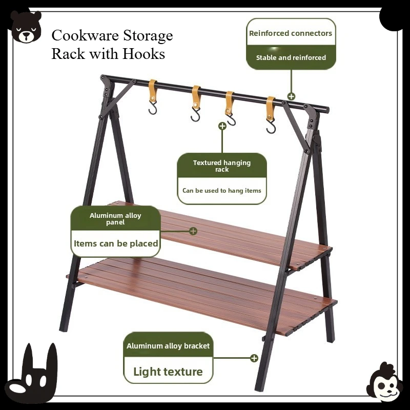 Portable Aluminum Alloy Folding Triangle Hanging Shelf Outdoor Camping Picnic Cookware Storage Rack with Hooks