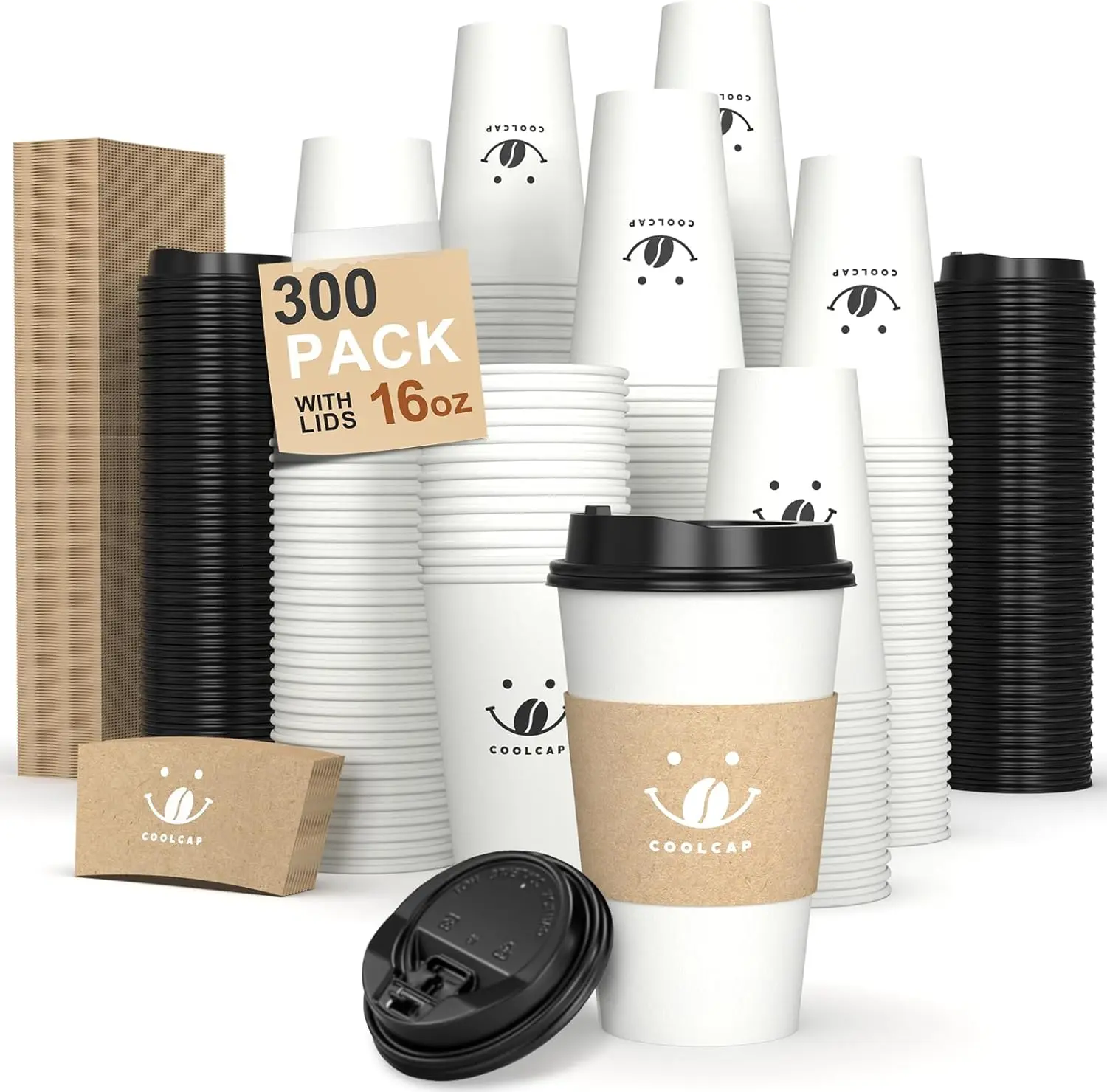 

16 oz White Paper Coffee Cups with Lids and Sleeves, 300 Pack for Hot & Cold Beverages