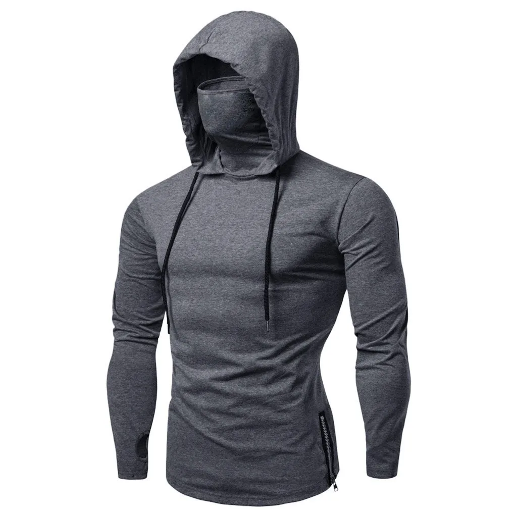 Mens Mask Button Sports Hooded Splice Large Open-Forked Male Long Sleeve Shirts Running Hoodies Sportswear Gym Sports Hoodies