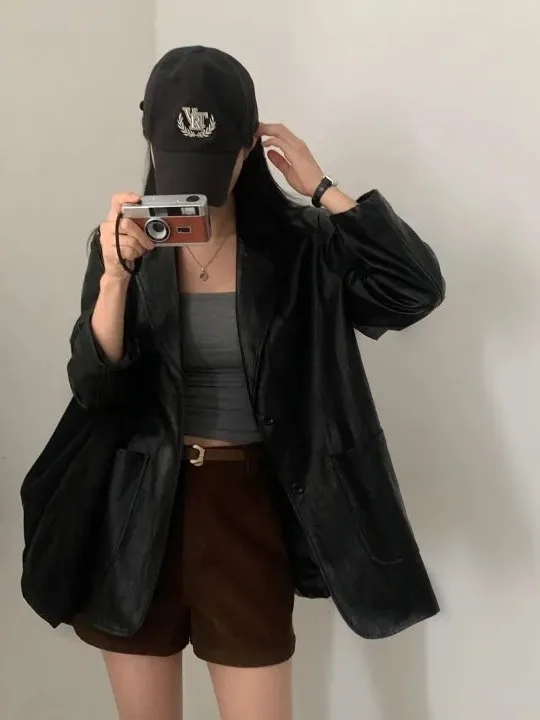 بدلة ريترو Sle من جلد البولي يوريثان Jaet للسيدات فضفاضة طويلة Sve ملابس خارجية أنيقة لخريف وشتاء ملمس راقي