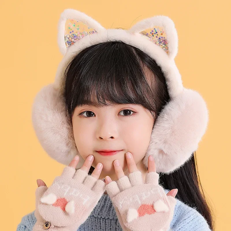 Girl Earmuffs Winter Cat Ear Muffs Foldable Warm Ear Protect Cute Faux Fur Soft Fluffy Earcap Children Ear Cover Muff