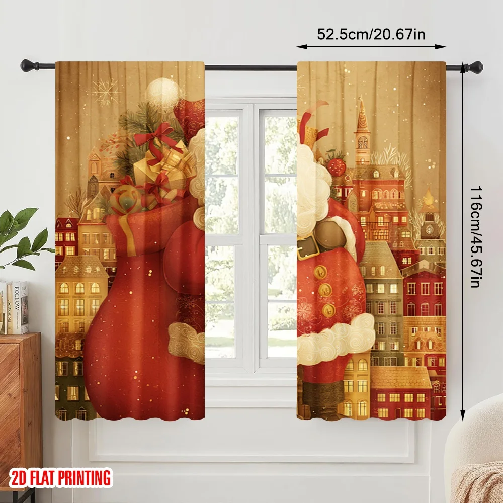 2pcs,2D plane printing Window Curtain Vibrant Santa Versatile 100% Polyester (without rod) Festive Perfect for Bedroom, Living