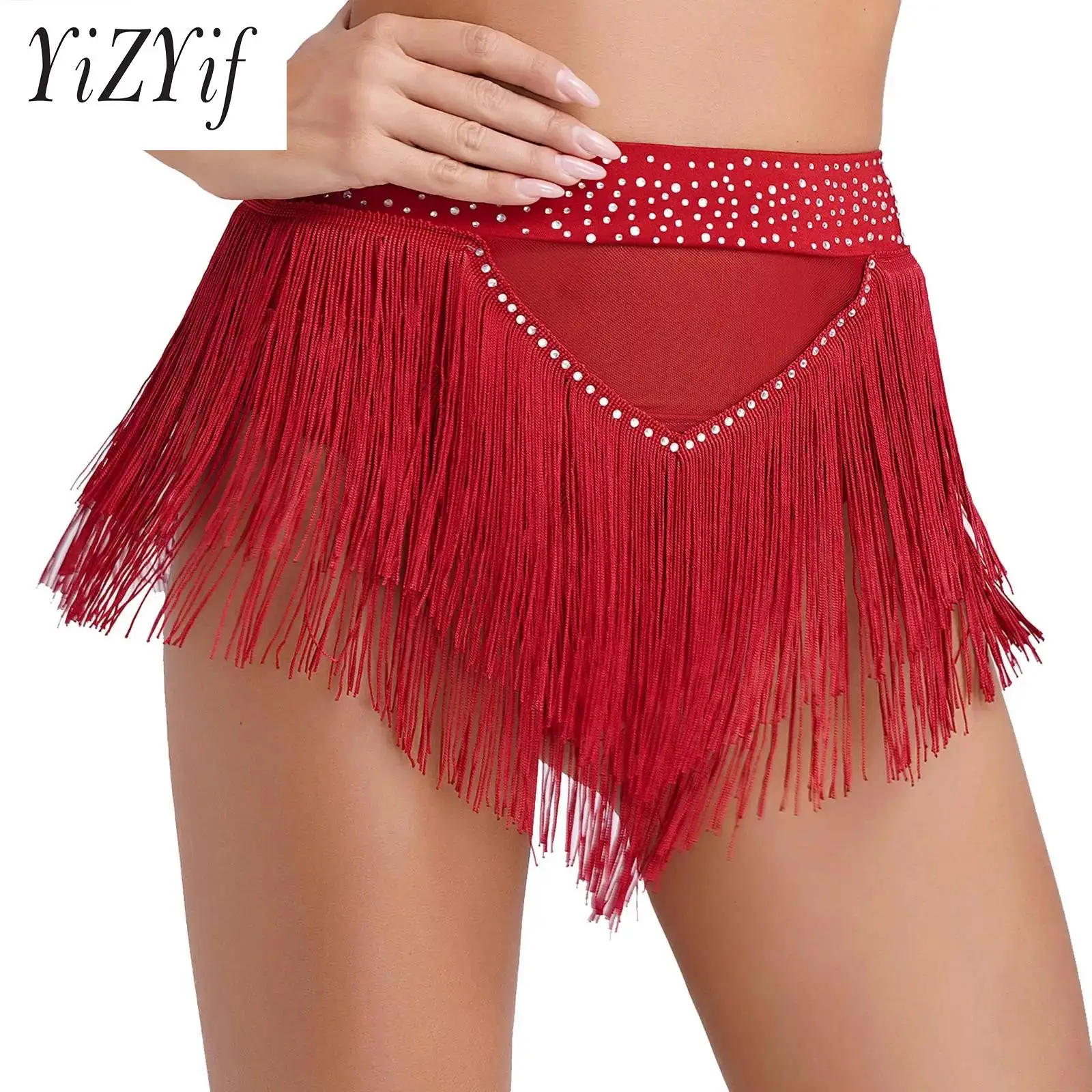 

Women Shiny Rhinestone Tassel Belly Dance Shorts Bottoms High Elastic Mesh Patchwork Underwear Latin Samba Dance Wear