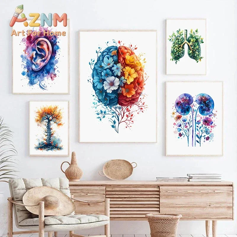 AZNM Watercolor Human Anatomy Canvas Wall Art Floral Organ Brain Heart Lung Spine Medical Art Print Unframed Canvas Poster for C