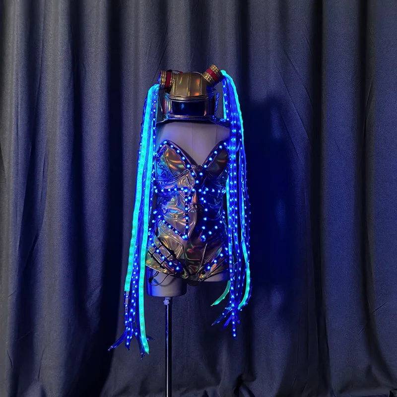 Fantasy Color Change Women Jumpsuit LED Luminous Costume Long Braids Masquerade Hat Stage Party Nightclub Clothing Cosplay Suit