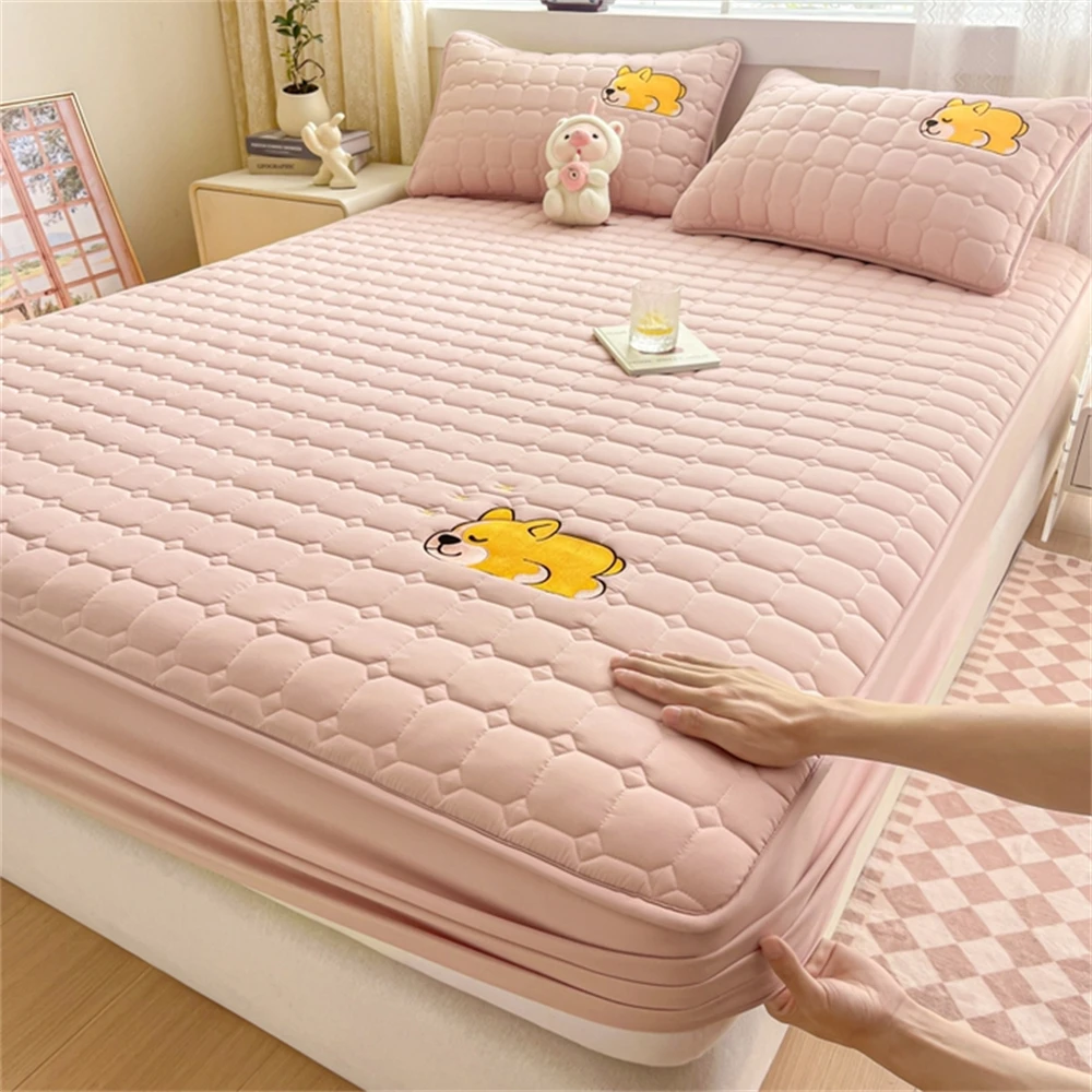 Waterproof Fitted Sheet With Elastic Bands Embroidery Bedsheet Quilted Mattress Protective Cover Double Dustproof Bedspread King