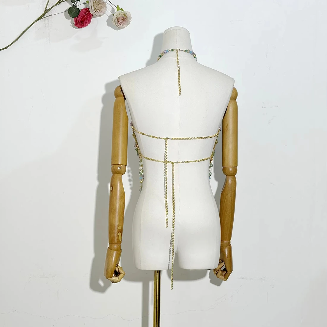 Handgefertigte türkisfarbene Lavendel-Körperkette mit mehreren Steinen für Damen, rückenfreier Ausschnitt, Perlen-Bustier-Bikini, Tankini-Badebekleidung, Dessous