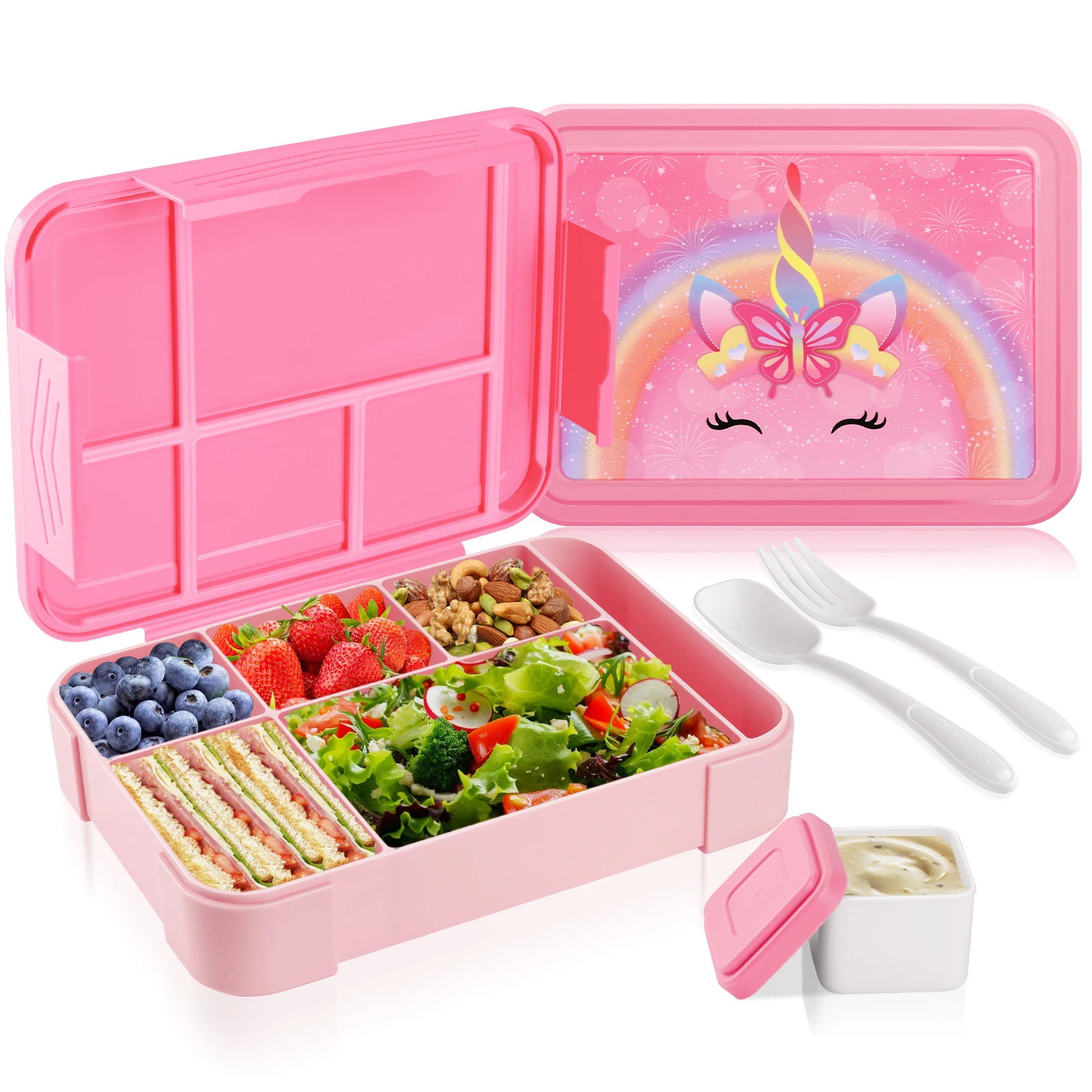 New Kids Lunch Box for School With Fork and Spoon Water-resistant Lunch Bag for Girls Students Unicorn Pink Microwave Bento Box