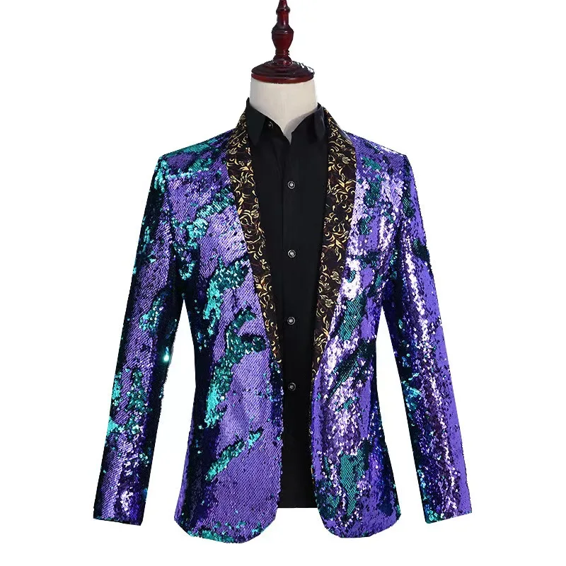 New Pattern Male Sequins Costumes Jacket Tide Fashion Host Coat Outfit Slim Blazer Singer Dancer Show Nightclub Party Stage Bar