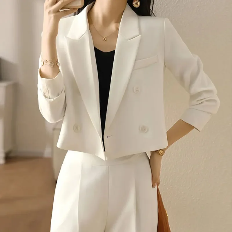 

Black Cropped Blazers for Women Korean Fashion Double-Breasted Office Suit Coat Ladies Vintage Long Sleeve Outerwear