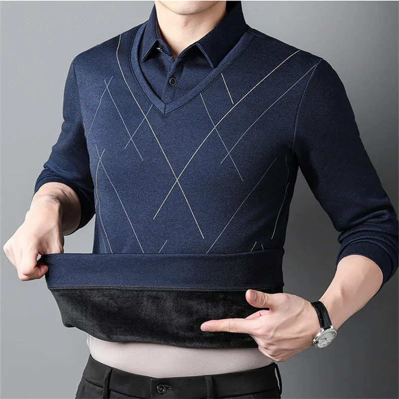 2024 Autumn Winter Mens Shirt-Neck Sweaters Thick Fleece Warm Knit Pullovers for Men Casual Business Fake Two Pieces Pullovers