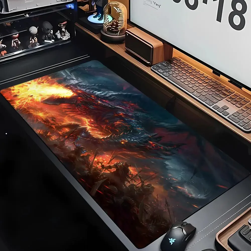 แผ่นรองเมาส์ลายมังกรยักษ์พ่นไฟวิเศษ แผ่นรองโต๊ะ XXL แผ่นรองเล่นเกม อุปกรณ์เสริมสำหรับคอมพิวเตอร์ แผ่นรองคีย์บอร์ด ยางกันลื่น